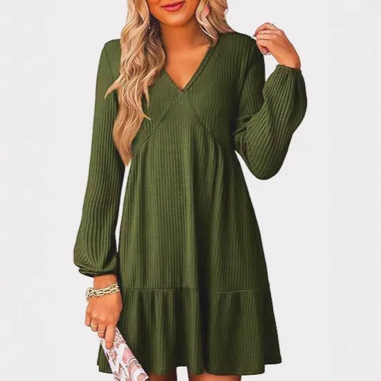 Cinched Waist V Neck Casual Loose Fit Straight Shape Long Sleeve Dress Green - Shop at LoveMi