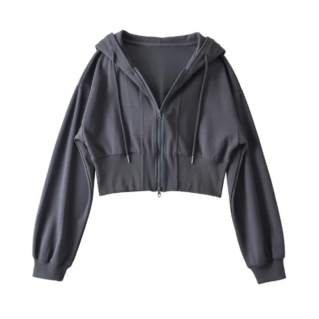 Women's Shoulder Hooded Double Zipper Sweater Gray - Shop at LoveMi