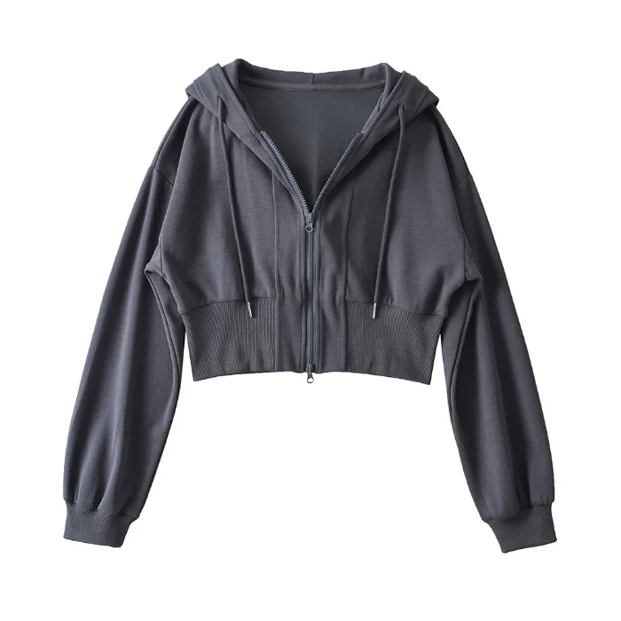Women's Shoulder Hooded Double Zipper Sweater - Grey