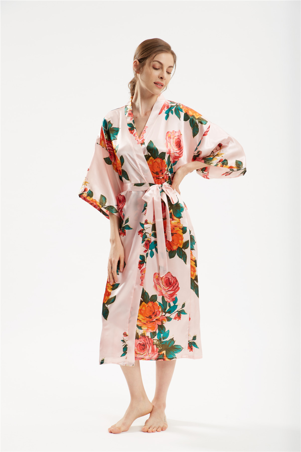 Title 9, Satin handbemalter Pfingstrose langer Kimono Yu...