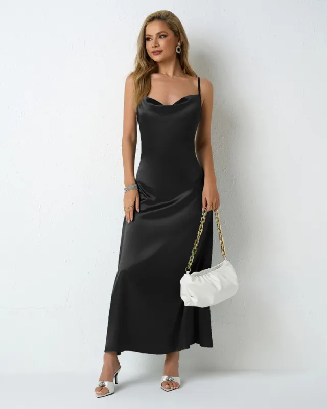 Female Casual Versatile Solid Color Satin Dress Women Pleated Sleeveless Black - Shop at LoveMi