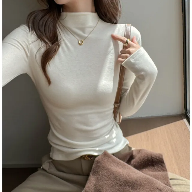 Women's Fashion Semi high Neck Long Sleeve Base Shirt Apricot - Shop at LoveMi