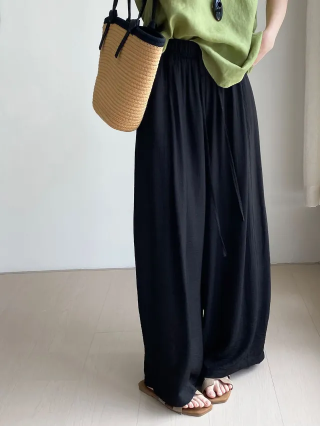 Thin Drawstring Elastic Waist Comfortable Breathable Casual Wide leg Pants For Women Black - Shop at LoveMi