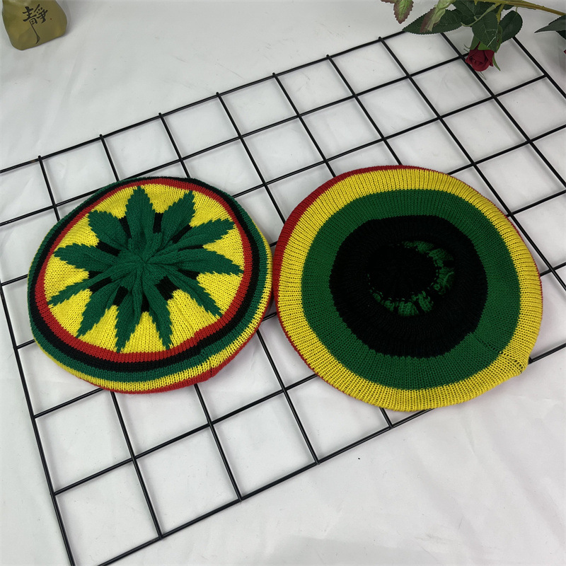 Hand Crocheted Wool Beret Jamaica Colorblock Knit