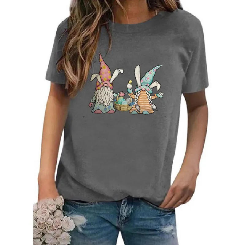 Women's Round Neck Printed Short-sleeved T-shirt European And American - Gray