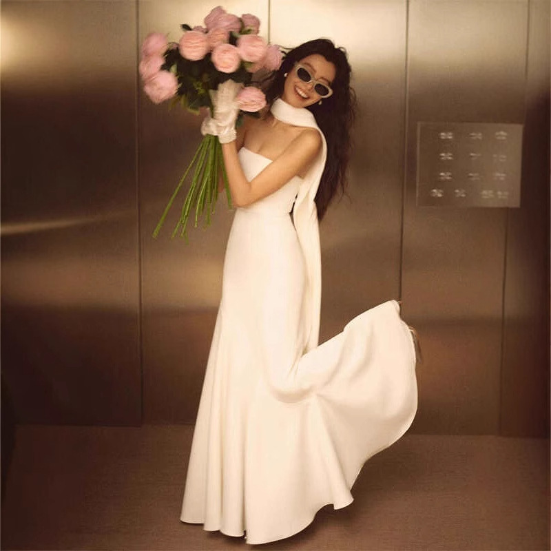 French Style White Simple Tube Top Bridal Light Wedding Dress