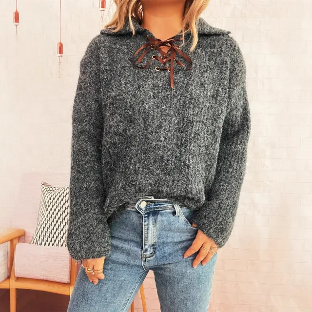 Simple Commute Lapel Tied Knitted Pullover Solid Color Loose Sweater Gray - Shop at LoveMi