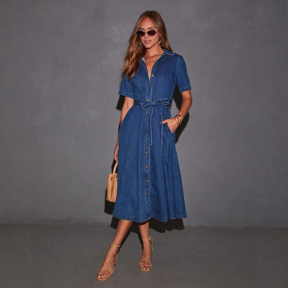 Retro V-neck Lace-up Denim Dress