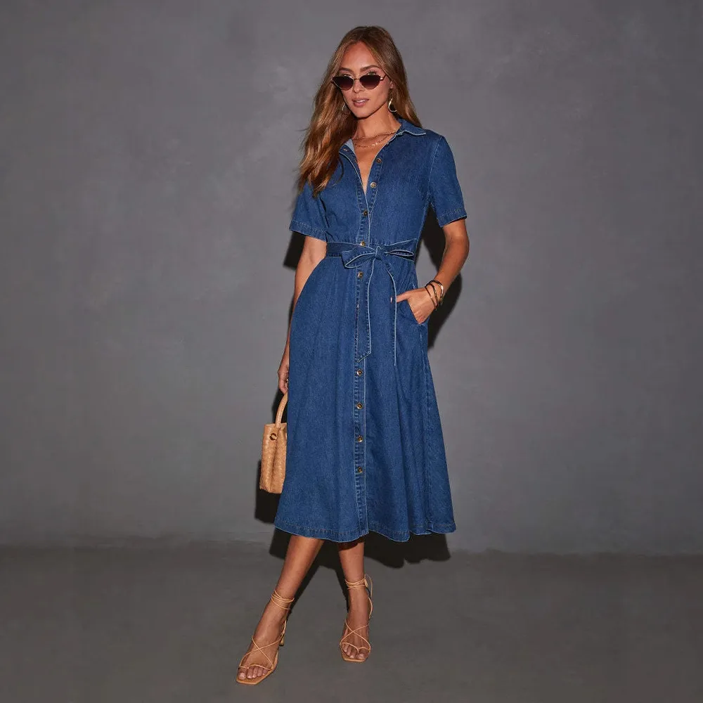 Retro V-neck Lace-up Denim Dress - Dark Blue