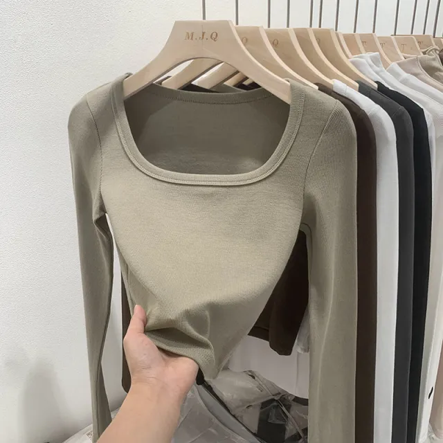 Solid Color Square Collar Bottoming Shirt Long Sleeve Green - Shop at LoveMi