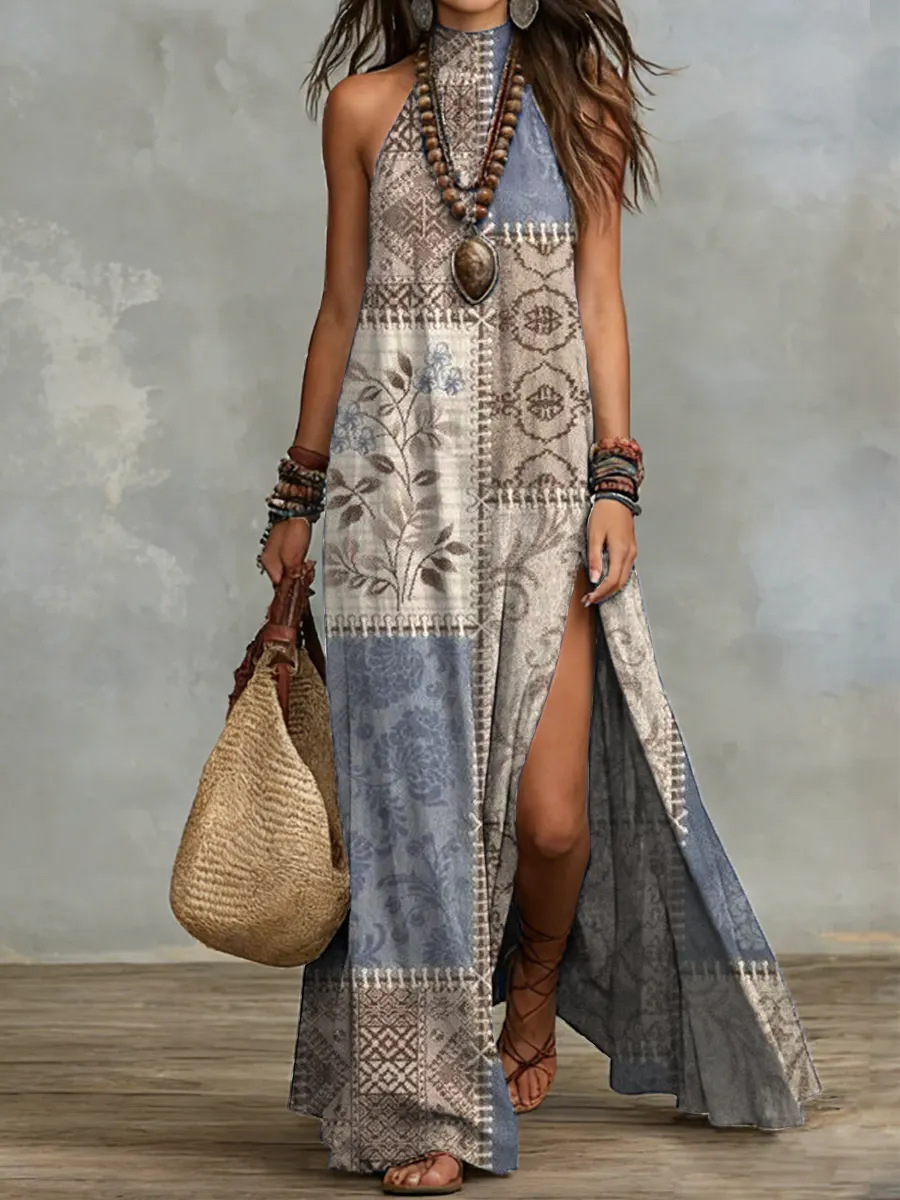 Women's Sleeveless Split Floral Print Maxi Dress – elegant resort style front view