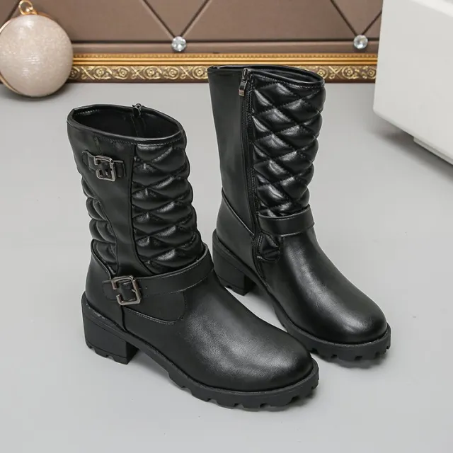 Winter Plus Size Chunky Heel Pointed Toe Mid calf Boots For Women Black - Shop at LoveMi
