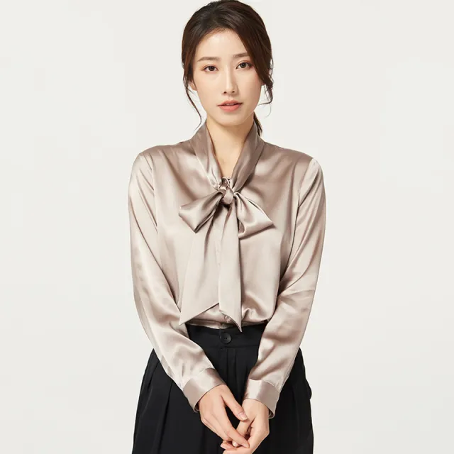 Mulberry Silk Bottoming V neck Bow Large Ribbon Women's Shirt Champagne Coffee - Shop at LoveMi