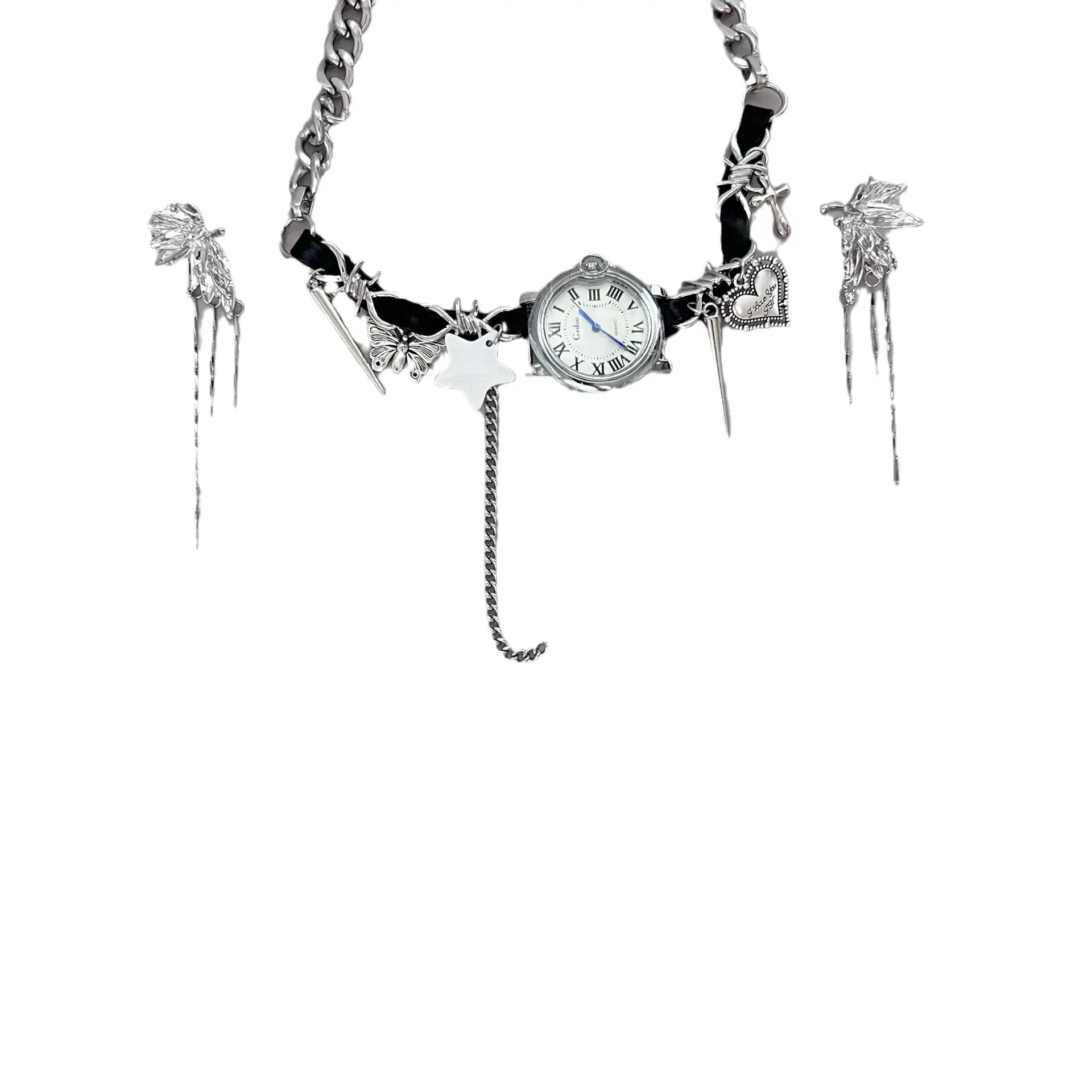 Design Ear Clip Tassel Retro Watch Necklace