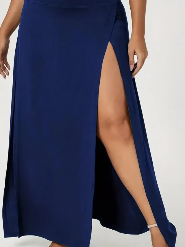 Women's High Waist Slit Solid Color Midi Skirt Navy Blue - Shop at LoveMi