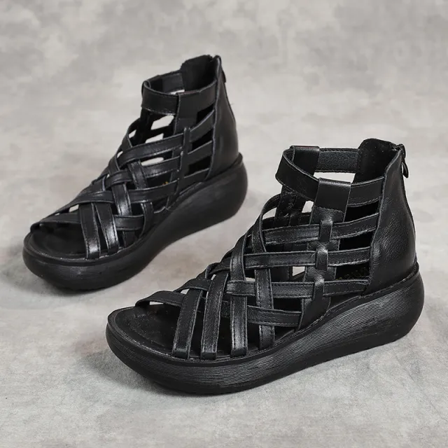 New Ethnic Style Retro Wedge Sandals Women's Casual Bag Heel Sandal Boots Cowhide Fish Mouth Sandals Black - Shop at LoveMi