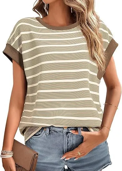 Women's Clothing Stylish Loose Round Neck Stripe Knitted T shirt Khaki - Shop at LoveMi