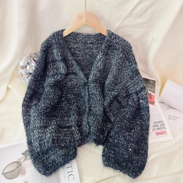 Women's Solid Color Short Casual Loose Knit Cardigan Blue - Shop at LoveMi