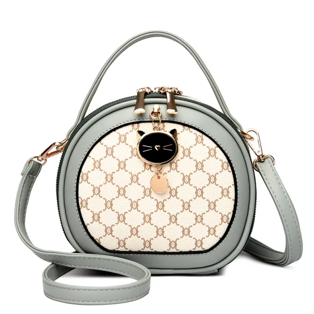 Crossbody Portable Printed Small Round Bag Soft Leather Blue - Shop at LoveMi