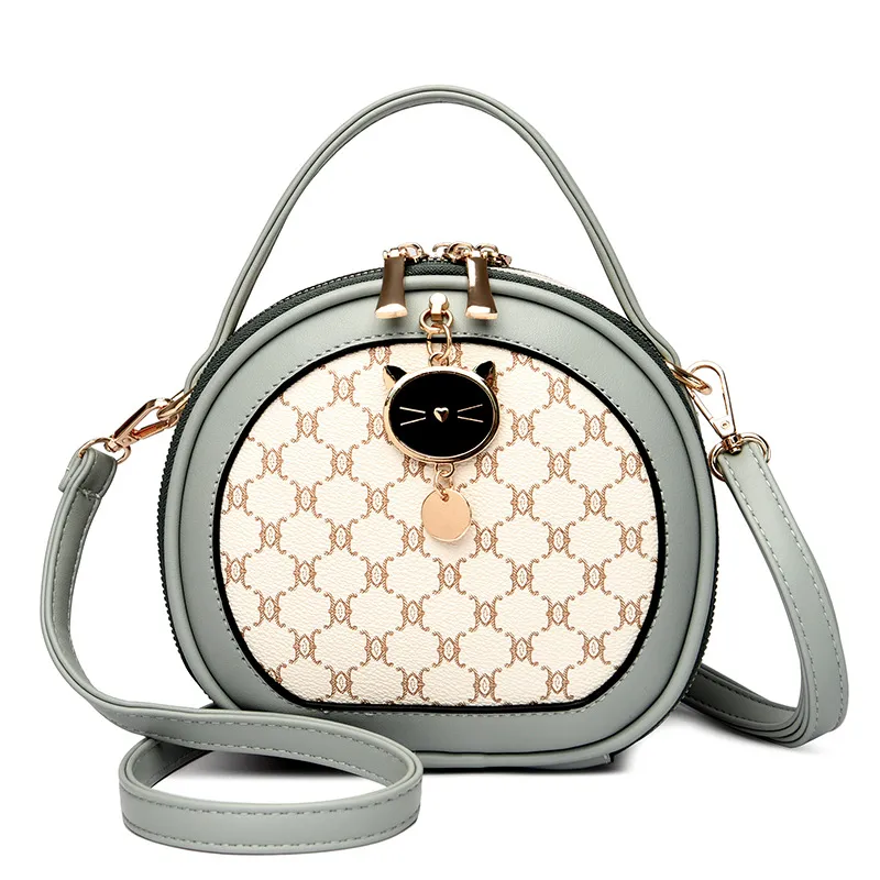 Crossbody Portable Printed Small Round Bag Soft Leather - Blue