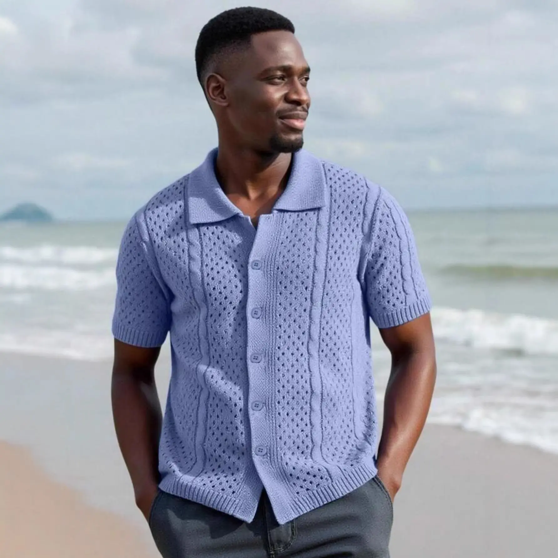 Summer Short-sleeved Lapel-knit Mens Cardigan Top