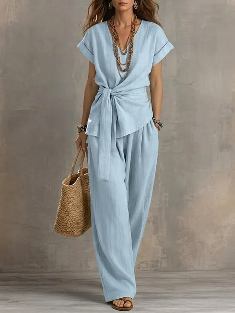 Women's V-Neck Pullover Top and Pants Two-Piece Set – cotton blend casual matching set lifestyle