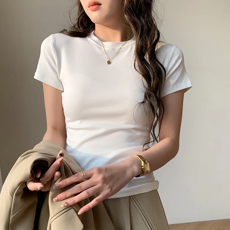Korean Style Solid Color Shoulder Slim Temperament Casual Short-sleeved Top Women - White