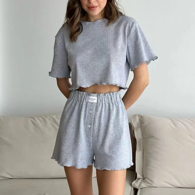 Ruffled Short Sleeve Suit Summer Elastic band Shorts And Round Neck Cropped Top Fashion Women's Clothing Gray - Shop at LoveMi