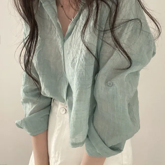 Simple Solid Color Single breasted Lapel Ruffle Long Sleeve Shirt Mint Green - Shop at LoveMi
