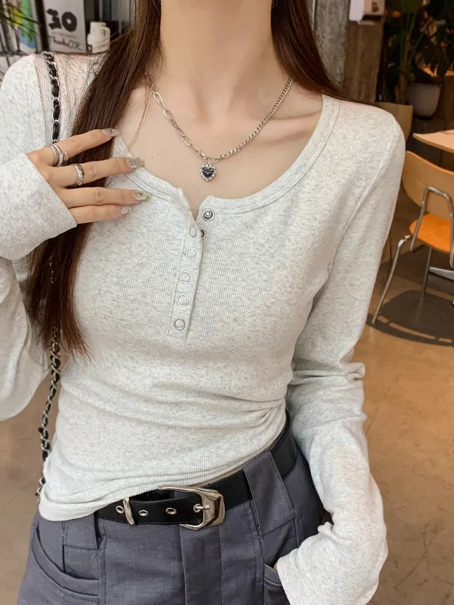 Women's Solid Color Casual Button Round Neck Top Light Gray - Shop at LoveMi