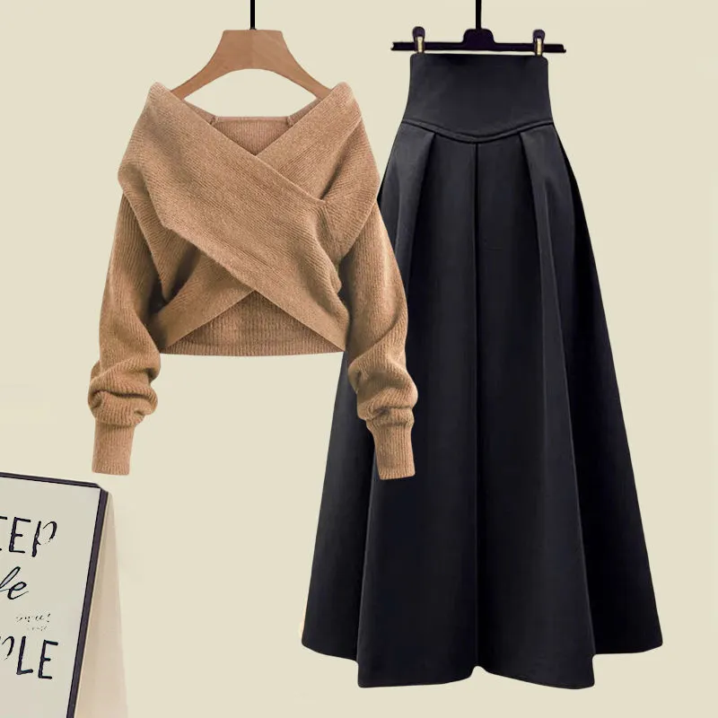 Autumn And Winter Western Style Fried Street Suit Women - Camel Sweater Black Dress