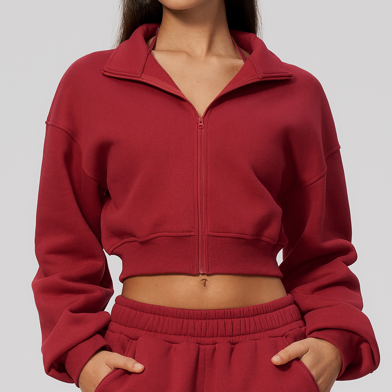 Jachetă sportivă nouă, cu fermoar cu guler ridicat și design cropped Midriff-baring