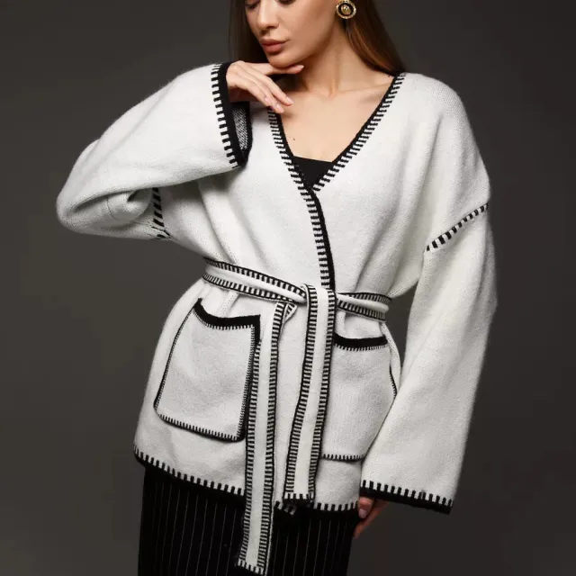 Lace up Knitted Cardigan Loose Mid length Sweater Coat White - Shop at LoveMi