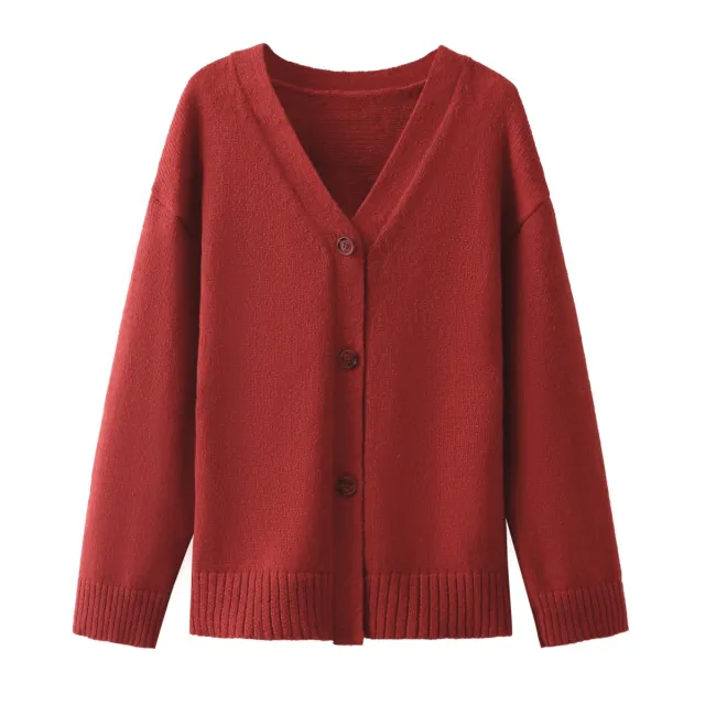 Solid Color And V neck Fashion Single breasted Knitted Sweater Red - Shop at LoveMi