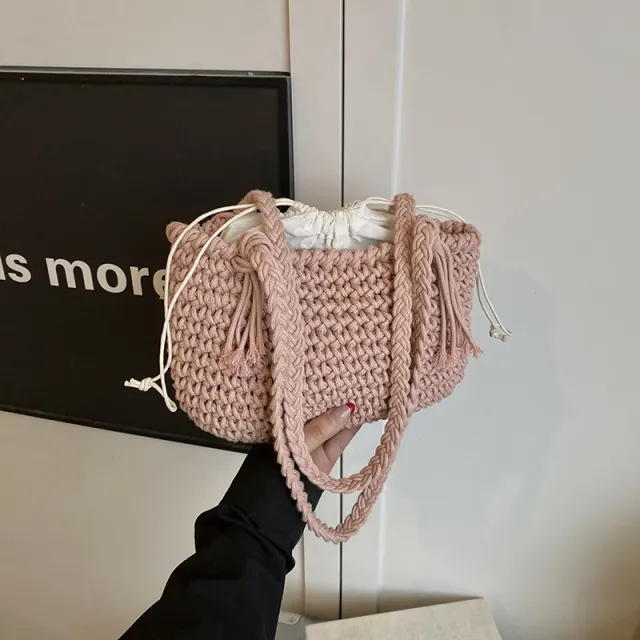 Woven Large Capacity Casual Special interest Design Personalized Beach Shoulder Bucket Bag Pink - Shop at LoveMi