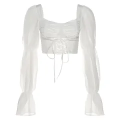 Fashion Women's Fashion Clothing Square Collar Midriff-baring Long Sleeve Top - White - View 1