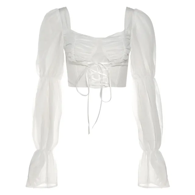 Fashion Women's Fashion Clothing Square Collar Midriff baring Long Sleeve Top White - Shop at LoveMi