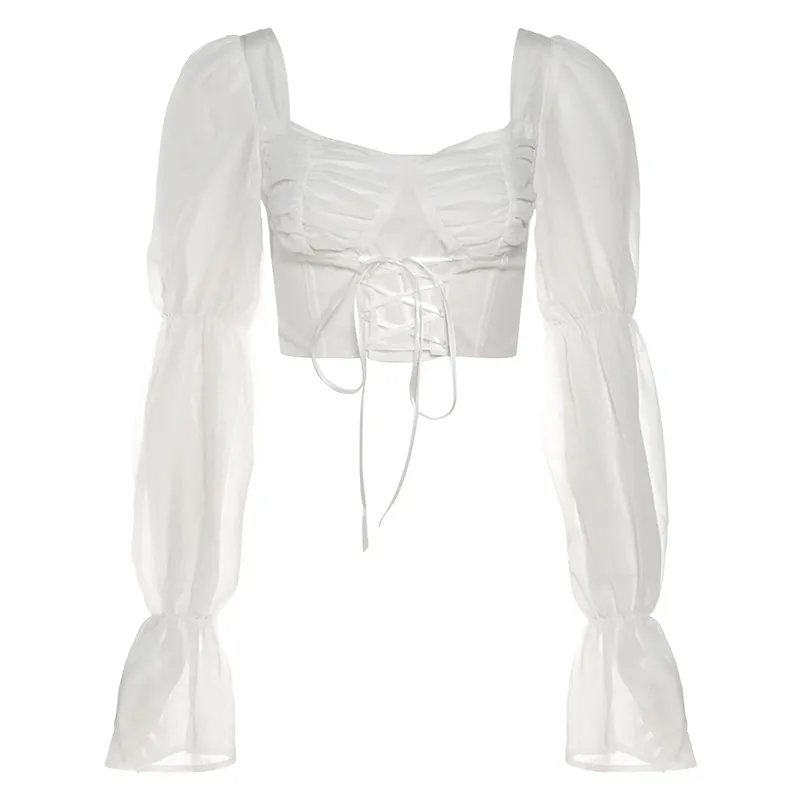 Fashion Women's Fashion Clothing Square Collar Midriff-baring Long Sleeve Top - White