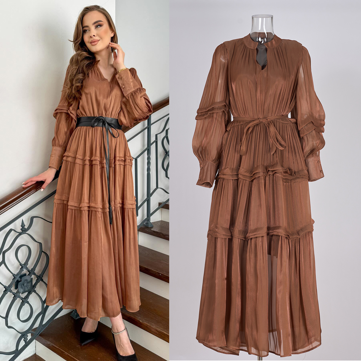 V-neck Lantern Sleeve Fitted Waist Pleated Long Silk Dress