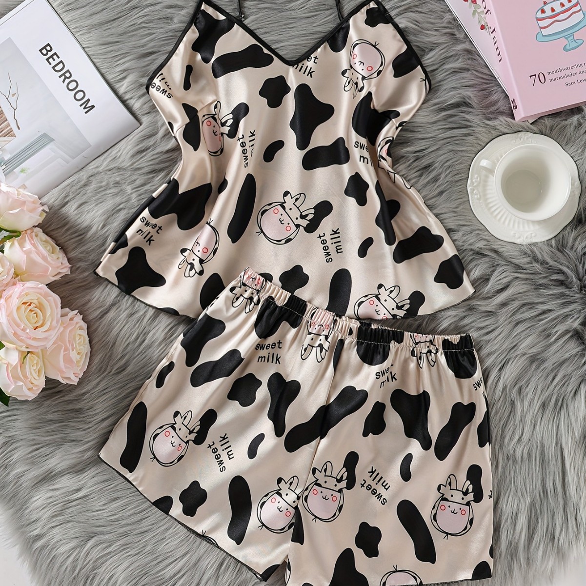Womens Silk Cow Print Cozy Cool Home Jumpsuit Shorts Set