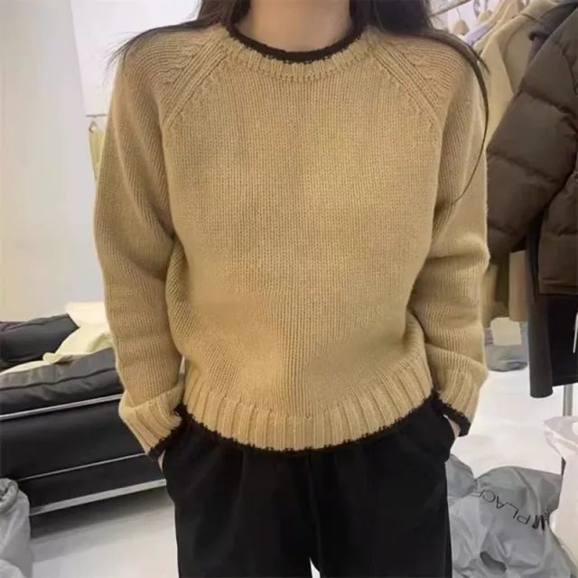 Loose fitting Pullover Round neck Color Matching Inner Bottoming Sweater Card Black - Shop at LoveMi