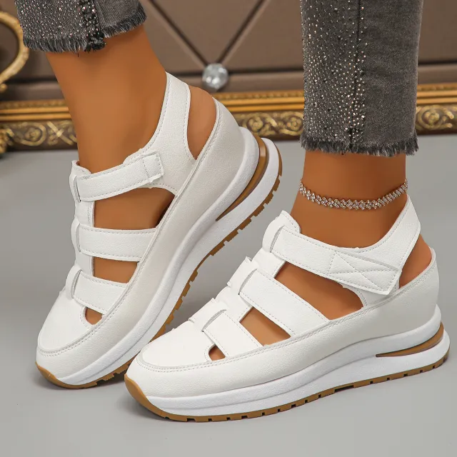 Wedge Sandals Closed Toe Hollow Breathable Thick Bottom Velcro Women White - Shop at LoveMi
