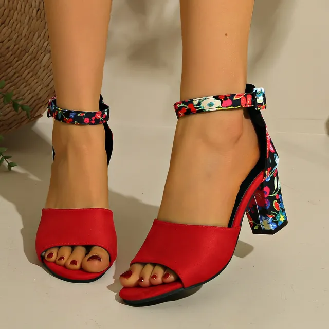 Women's Round Toe Hollow Ankle strap Buckle Thick High Heel Sandals Red - Shop at LoveMi