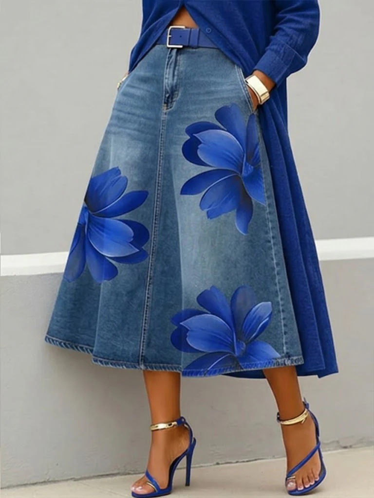Women's floral midi skirt in Blue Flowers – boho beach styling with white tank top and strappy sandals
