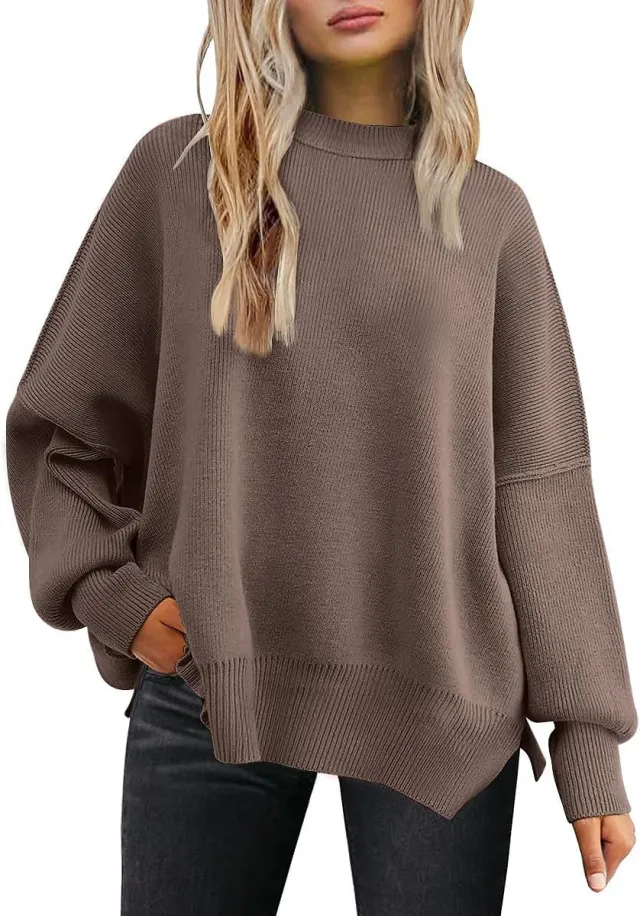 Women's Knitted Side Slit Pullover Flesh Color M - Shop at LoveMi