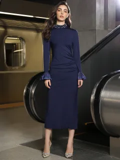 Slim-fit Pearl Stand Collar Long Sleeve Dress - Dmxh250406 Navy Blue - View 1