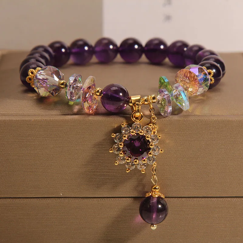 Amethyst Bracelet Female Retro Exquisite Micro Inlaid SUNFLOWER Pendant Bracelet - Amethyst Pendant