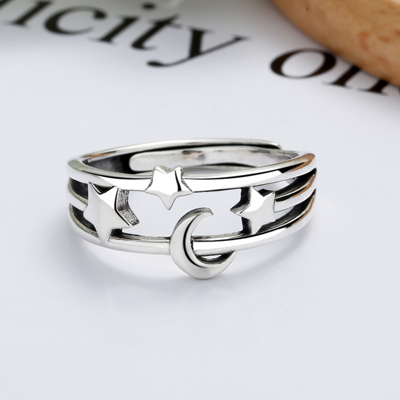 Star Moon Retro 925 Sterling Silver Ring Classic Style Sta