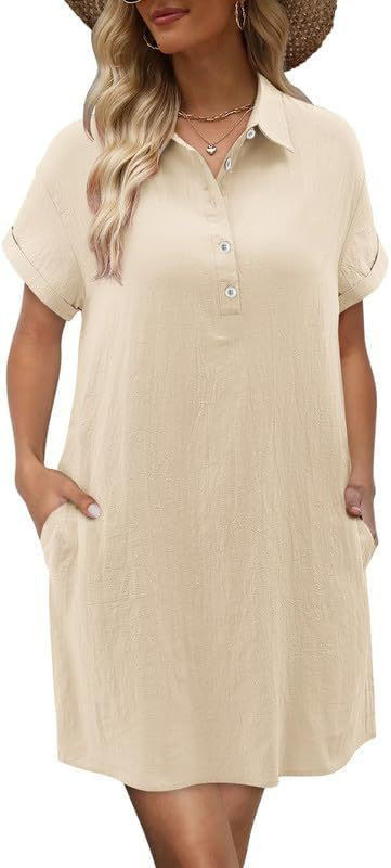 Casual Short Sleeve Buttoned Beach Dress Shirt With Pocket Apricot Beige - Shop at LoveMi