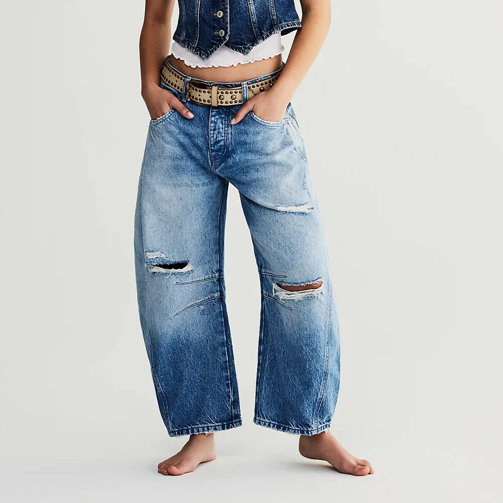 Women's Retro Distressed Washed Blue Hip Hop - Blue